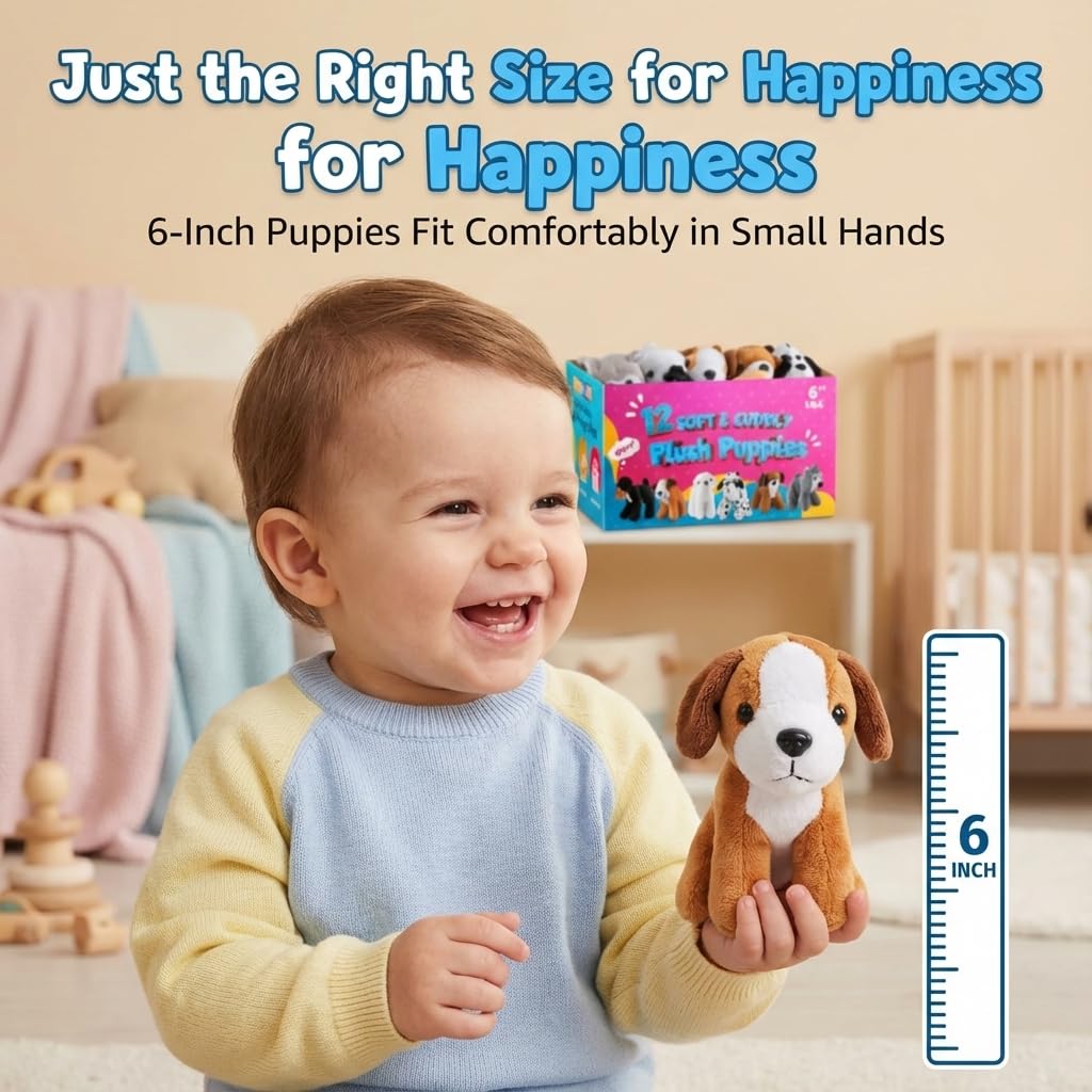 Bedwina Plush Puppy Dogs - (Pack of 12) 6 Inches Tall Small Stuffed Animals Bulk Assorted Puppies and Cute Stuffed Plushed Adopt-a-Puppy Dog Assortment Party Favors for Kids