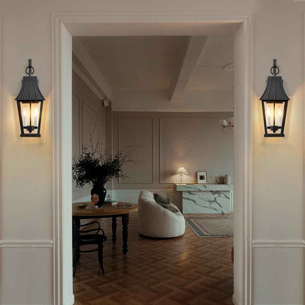 Large Outdoor Wall Sconce, Mate Black Exterior Light Fixtures for House, Waterproof Outside Porch/Patio Lights Wall Mount, with Clear Glass, White Candelabra, Perfect for Garage, Entryway