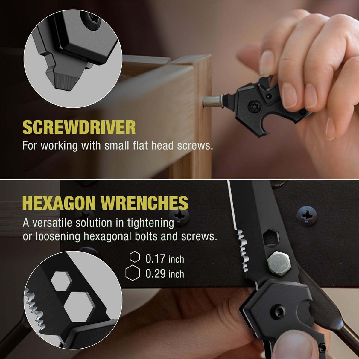 Mini Keychain Knife by [Brand Name] - 1.3” Tanto Serrated Blade | 6-in-1 Black Multitool with Carabiner