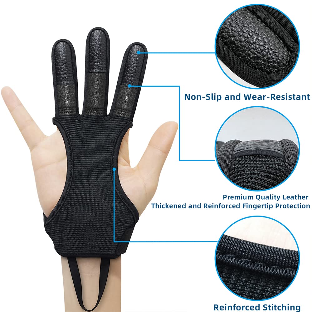 Seektop Archery Gloves Shooting Hunting Leather Three Finger Protector for Youth Adult Beginner (Update Black, XL)
