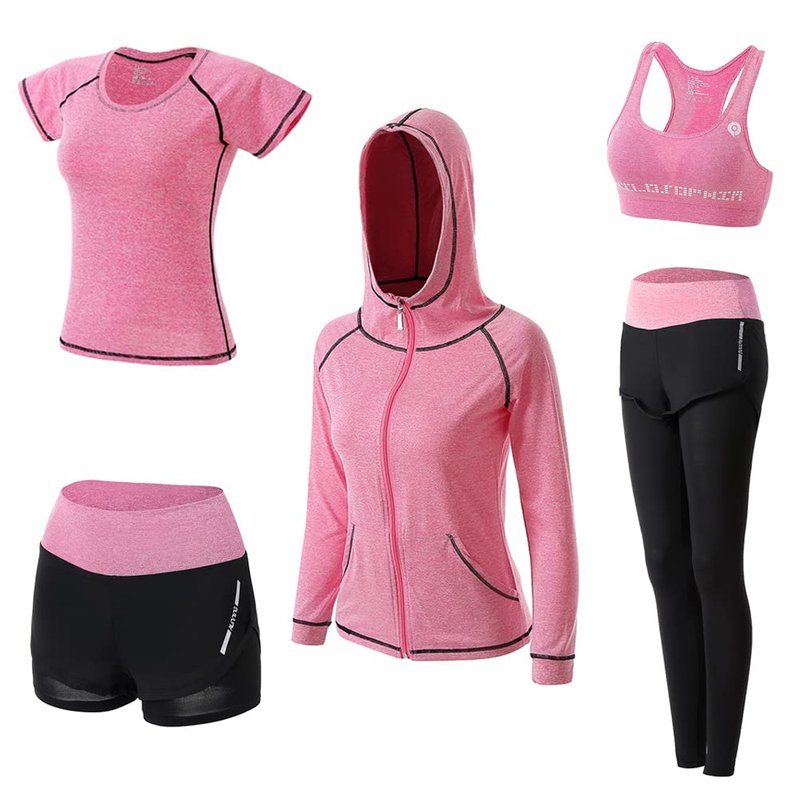 Nesyd Workout Sets for Women 5 Piece Yoga Exercise Fitness Gym Outfits Sport Running Athletic Clothing Set Tracksuits Sportwear Activewear (Pink A, L)
