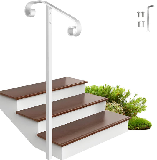 Zwinz Handrail Railing, In-Ground Single Post Handrail, Wrought Iron Stair Handrail Grab Rail for Steps Porch,Sturdy Outdoor Handrails, Long Post Fits 1 or 2 Steps, White