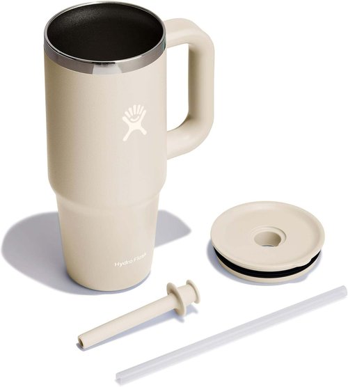 Hydro Flask Travel Tumbler - Insulated Stainless Steel with Handle, Lid & Straw | 24 Oz Oat