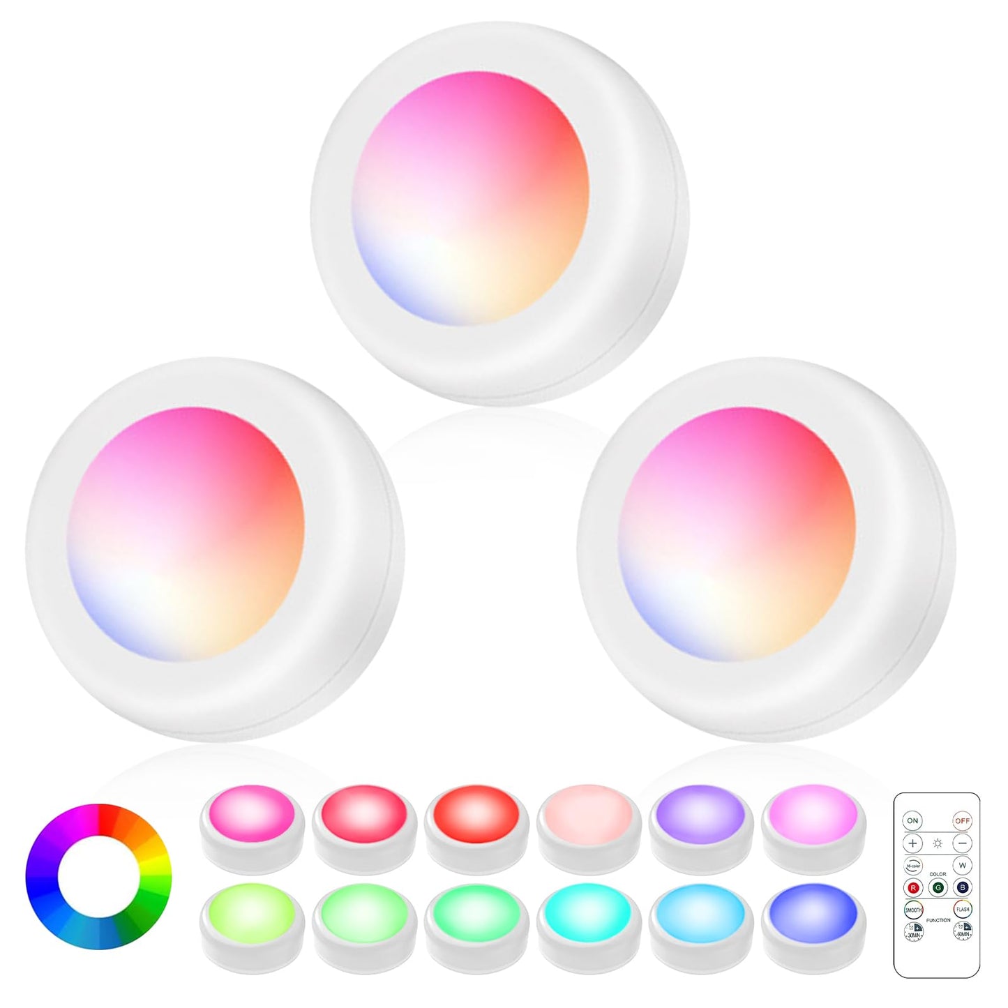 Lilampts LED Puck Lights with Remote Control, Wireless Under Cabinet Lighting,Color Changing Lights with Dimmer and Timer, AAA Battery Operated Powered Push Night Lights (3 Pack White)