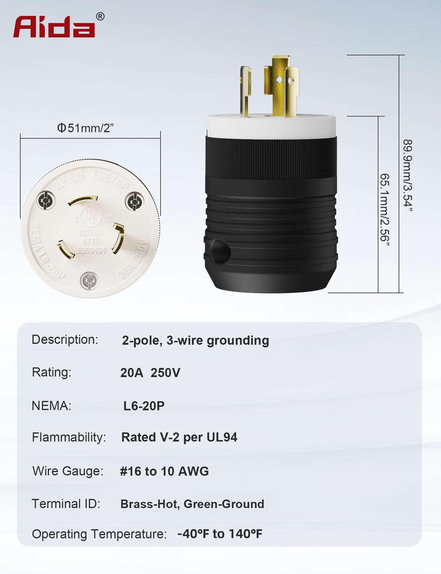AIDA NEMA L6-20P Locking Plug, 20 Amp, 250 Volt, 2-Pole 3-Wire, Industrial-Strength Grounding Heavy Duty Twist Lock Adapter