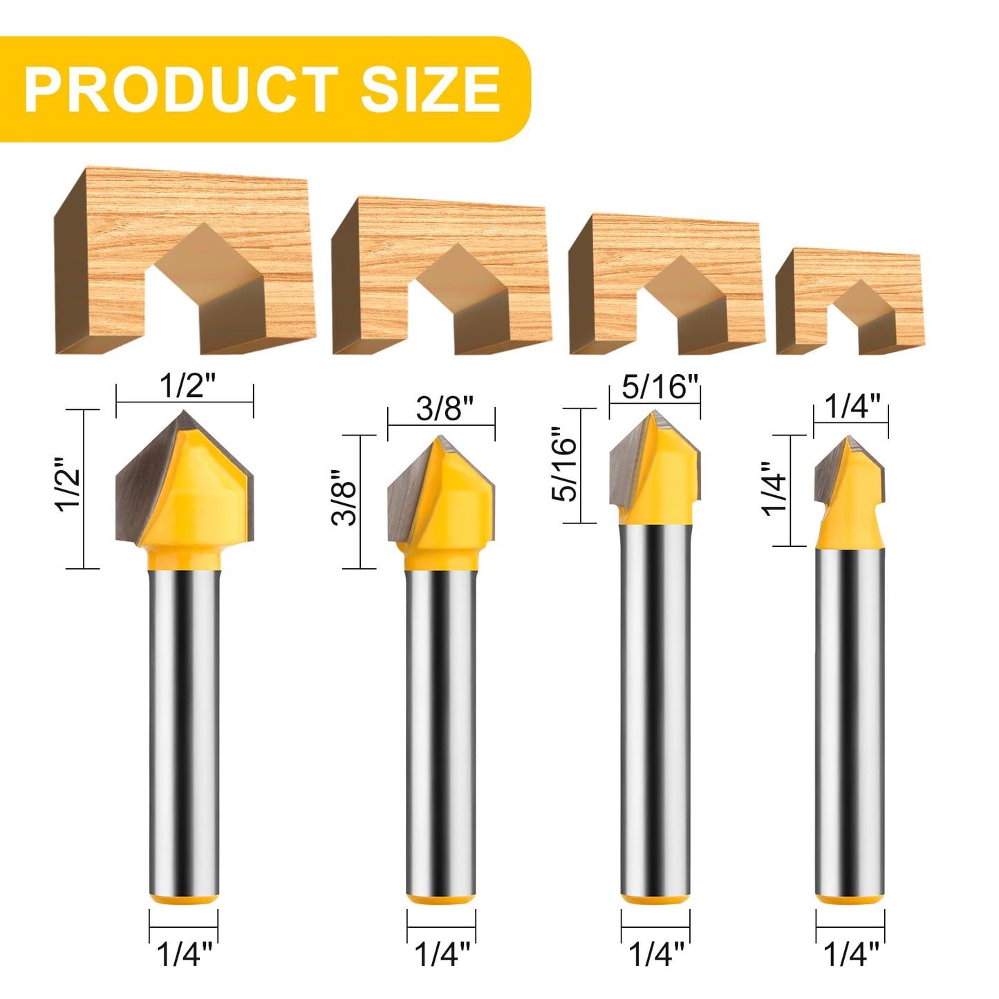 UTRUSTTO 90 Degree V Groove Router Bit Set 1/4 Inch Shank, CNC Engraving V Grooving Bit Cutter for Woodworking Carving, Cutting Diameter: 1/4", 5/16", 3/8", 1/2"
