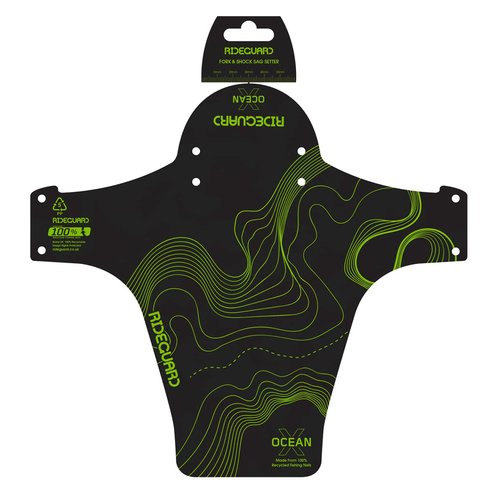 RideGuard PF1 OceanX Nalu Green. Front MTB Mudguard. UK Made from 100% Recycled Fishing Nets 100% Recyclable. Mountain Bike. Fits 24”, 26”, 27.5”, 29”, Plus Size and Fat Bikes.