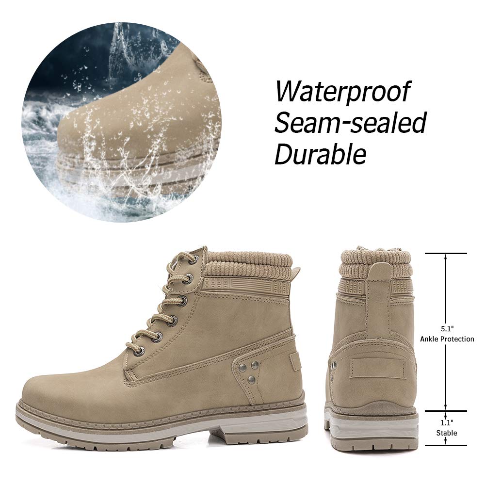 Athlefit Women's Hiking Combat Work Waterproof Boots Lace up Low Heel Booties Ankle Boots Size 7.5 Khaki