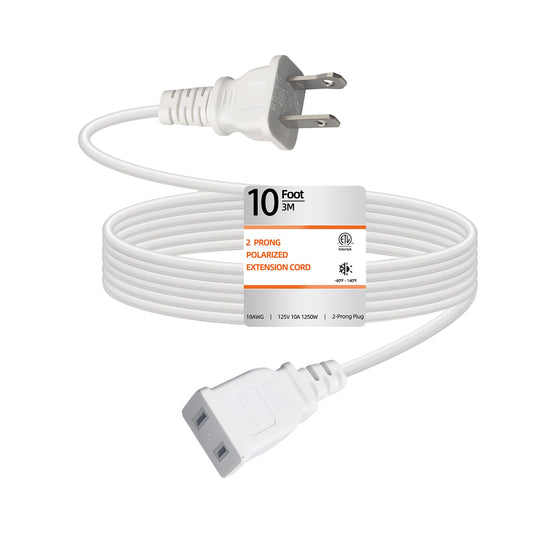 10 Feet Extension Cord White Flat Thin Flexible 2 Prong Long Polarity Power Cord 1250W 10A for Indoor Use with Single Outlet for Holiday Lights, Lamps, Cameras, Appliance ETL Listed (1 Pack)