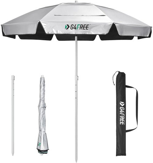 G4Free Heavy Duty Beach Umbrella - UPF 50+ UV Protection Double Canopy with Air Vent | 6.5 ft Portable Sun Shelter