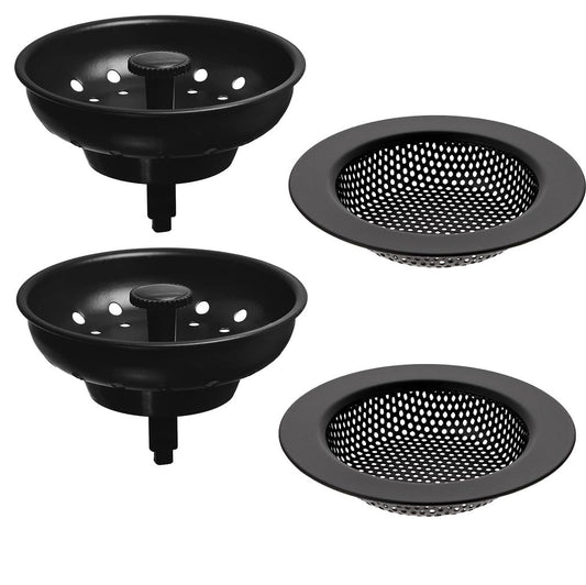 AJOMAN Kitchen Sink Drain Strainer Basket and Sink Drain Stopper, Sink Strainers for Kitchen Sink, Food Catcher(Matte Black, 4 Pieces Total)