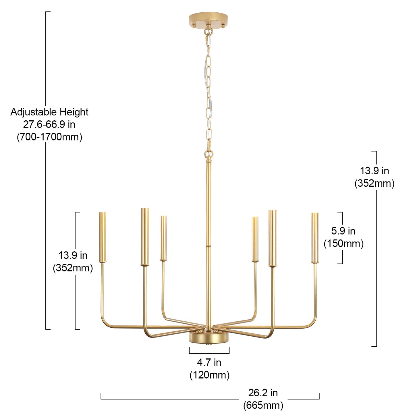 ALISADABOY Spray Gold Chandeliers for Dining Room 26.2'' Modern Farmhouse Candle Chandelier 6-Light Rustic Pendant Lighting Fixture Industrial Ceiling Light for Living Room Foyer Entryway Kitchen