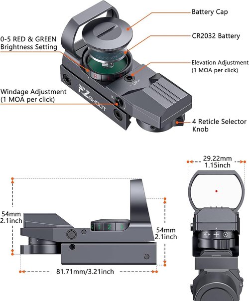 EZshoot Red Green Dot Sight - Holographic Reflex Scope with 4 Adjustable Reticles & 20mm Rail Mount