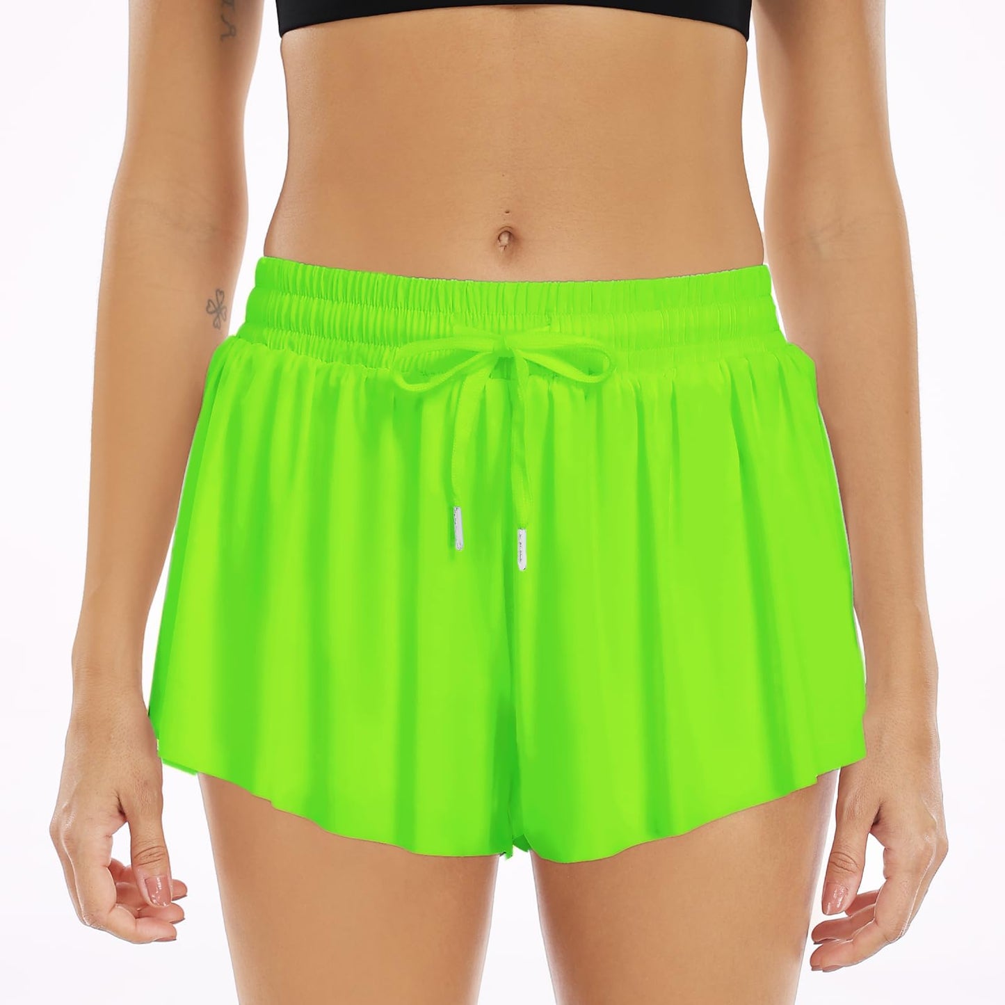 Wsirmet Flowy Shorts for Women Butterfly Shorts 2 in 1 Athletic Workout Gym Biker Running Shorts with Pockets Neongreen M