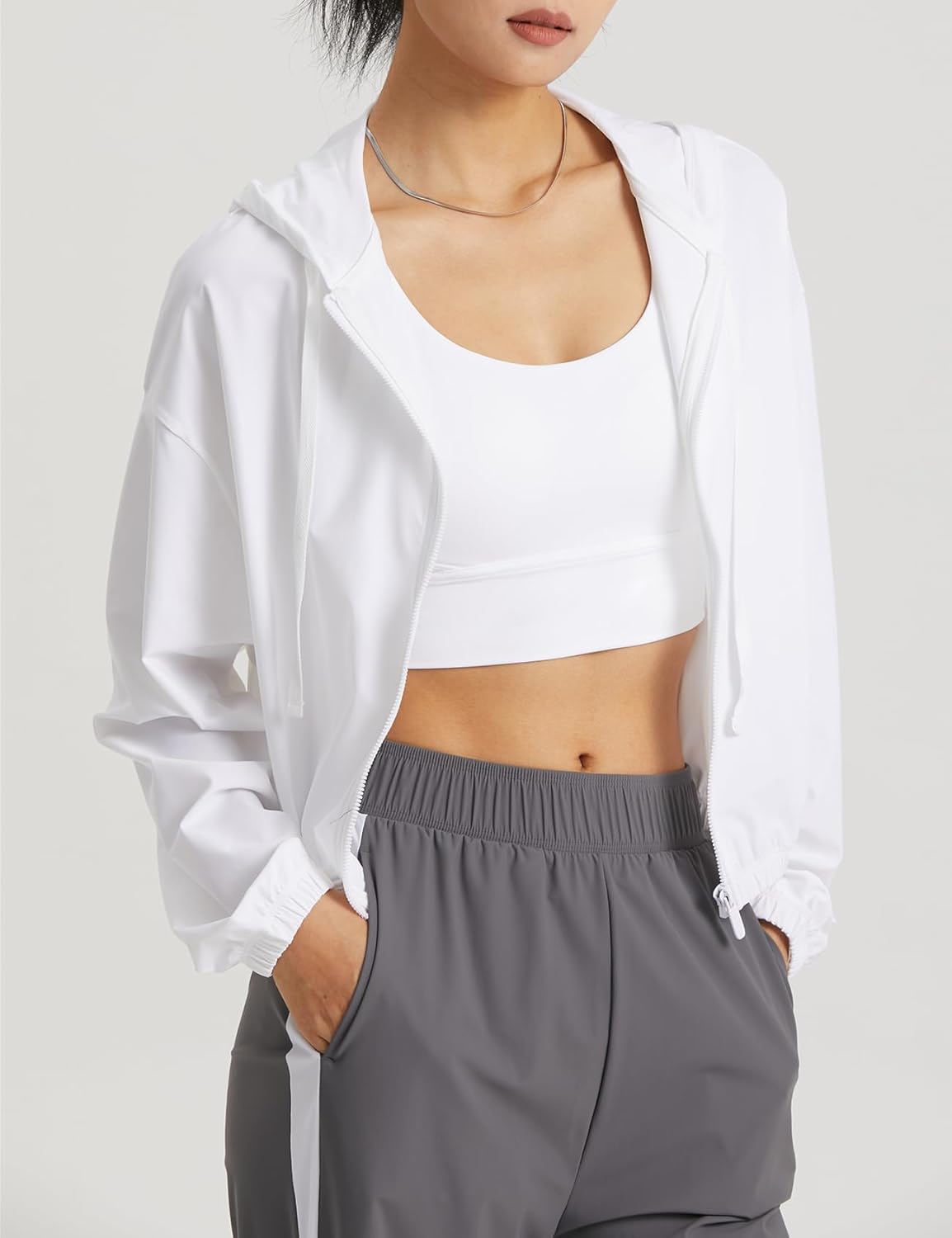 Wyeysyt Women's UPF 50+ UV Sun Protection Cropped Jacket - Athletic Zip-Up Hoodie in White, XL