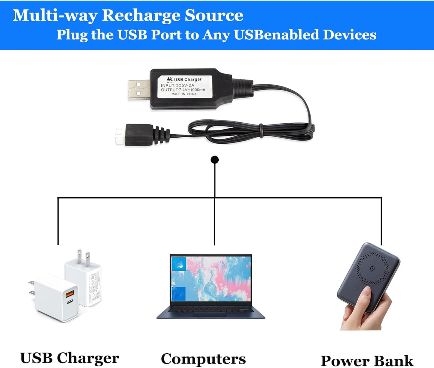 Splatrball 7.4V 2000mAh Rechargeable Battery - USB Charger Included for Airsoft Gel Blaster