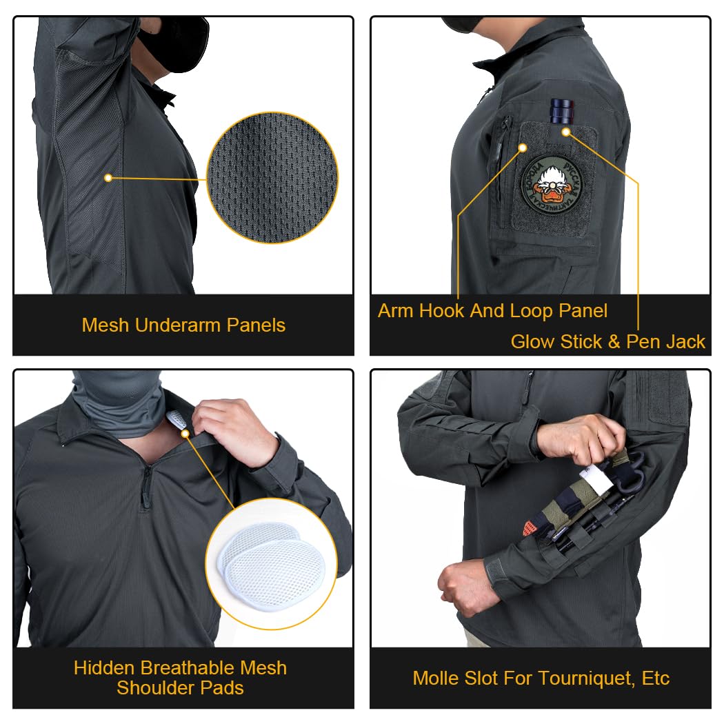 IDOGEAR Men’s Combat Shirts Tactical Long Sleeve Shirt with Elbow Pads Military BDU Shirts with Pockets Airsoft Clothing(Gray,Large)