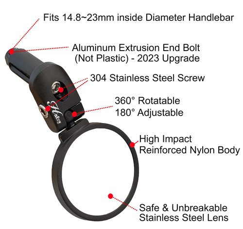 Hafny Bike Mirror, Bike Bar End Mirror, Unbreakable Stainless Steel Lens, Safe Adjustable Rearview Mirror, Cycle, E-bike, HF-MR083/HF-M851-FR03 (Black 62mm Dia)