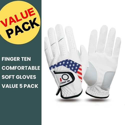 FINGER TEN Golf Gloves - Comfortable All-Weather Grip for Men | 5-Pack in Multiple Sizes S-3XL