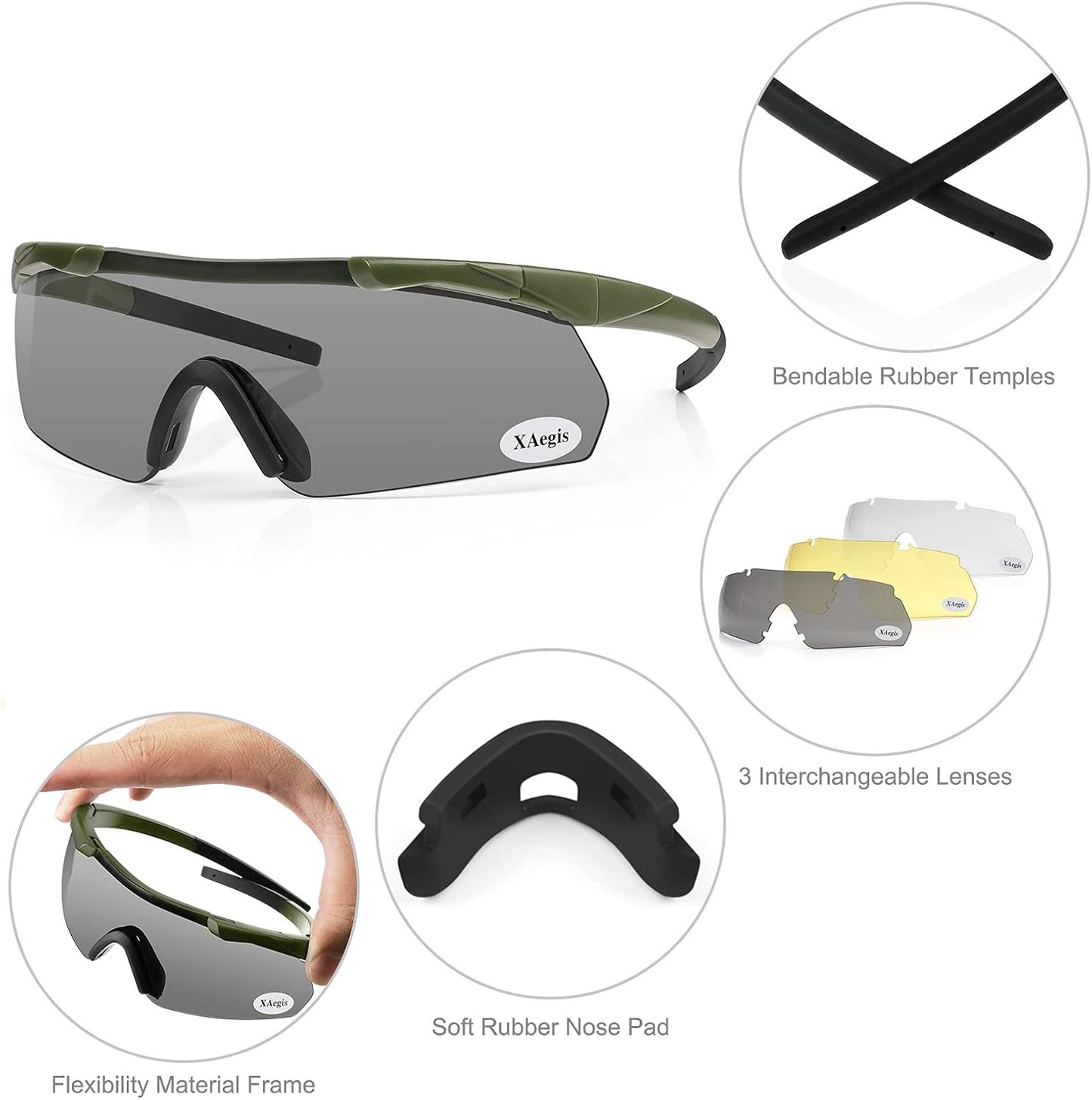 Xaegistac Tactical Shooting Glasses - High Impact Eye Protection with 3 Interchangeable Lenses