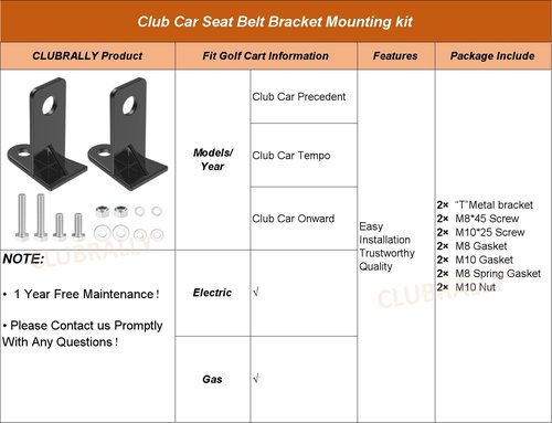 CLUBRALLY Golf Cart Seat Belt Bracket Mounting Kit, 2+2 Front Row Seat Belt Mounting Bracket Adaptor for 4 Passenger Club Car Precedent /Tempo/Onward