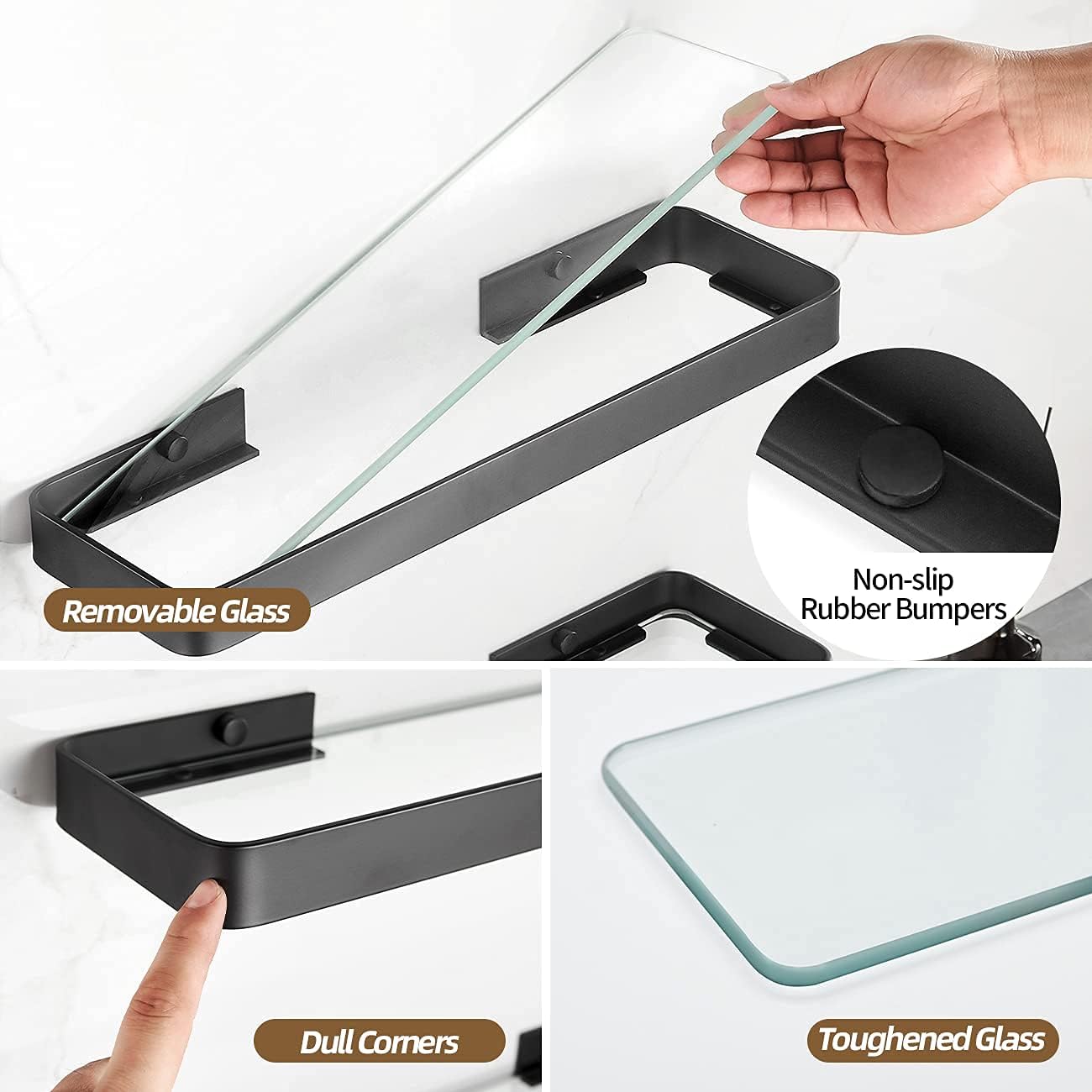 Wall Mounted Glass Bathroom Shelves - 2-Tier Floating Organizer in Black