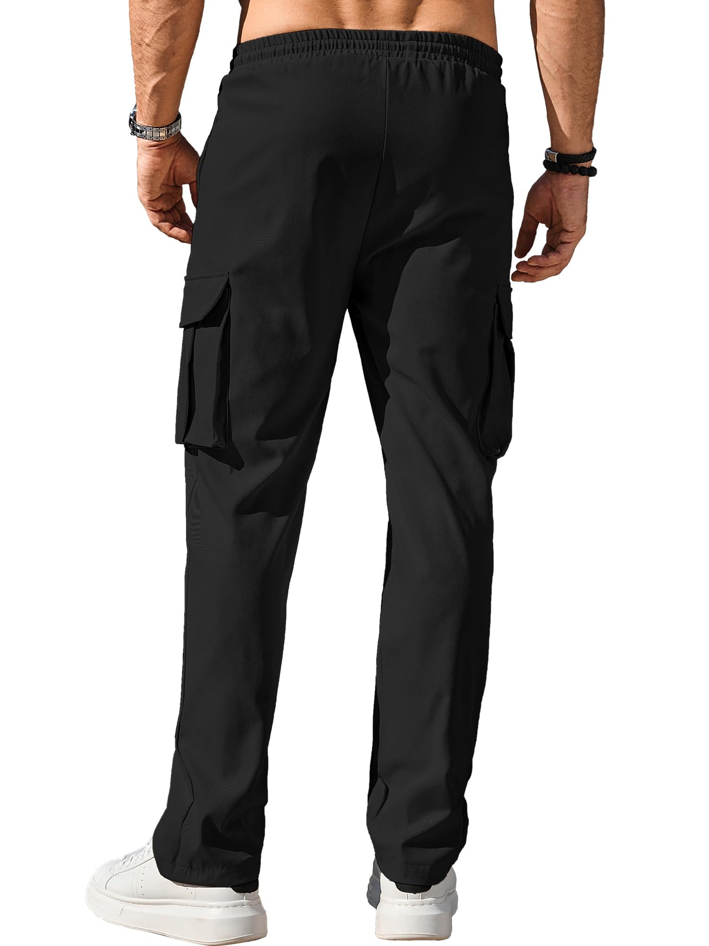 Comdecevis Men's Casual Cargo Pants Big and Tall Workout Joggers Stretch Baggy Sweatpants Hiking Drawstring Tactical Pants with Multi Pockets Black
