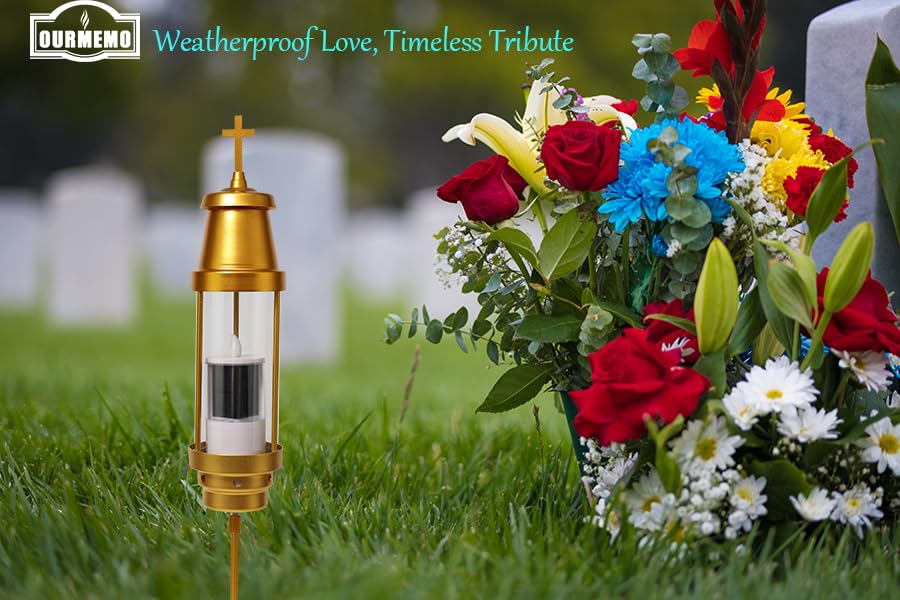 OURMEMO Cemetery Solar Lights for Grave,Includes 2.5" x6.5'' Grave Candles,4" x34''Cemetery Memorial Light Candle Holder,Standard Spike and Base,Perfect Addition to Headstone (Latin Cross Classic)