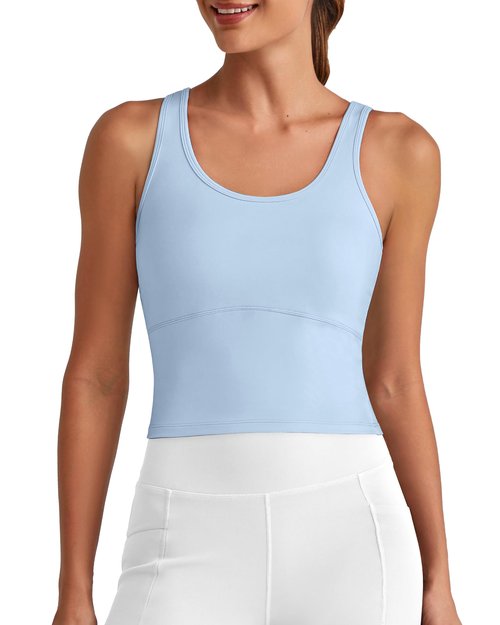 G4Free Work Out Tops Gym for Women Built in Bra Padded U Neck Yoga Long Line Sports Bras Active Running Gym Casual Top (Light Denim,M)