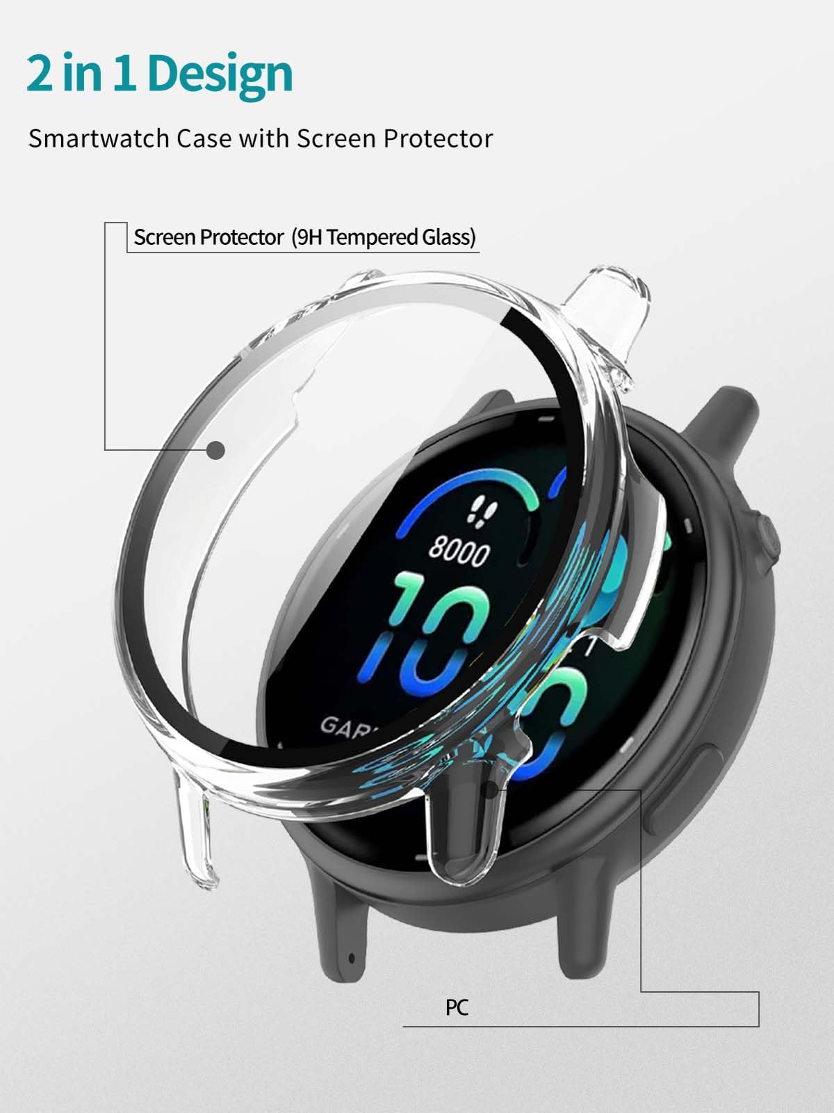 2pack Case for Garmin vívoactive 6,NOUKAJU Protective Cover Smart Watch,Built-in 9H Tempered Glass Film, Hard PC,Easy to Install,Screen Protector for Garmin vivoactive 6(Black+Clear)