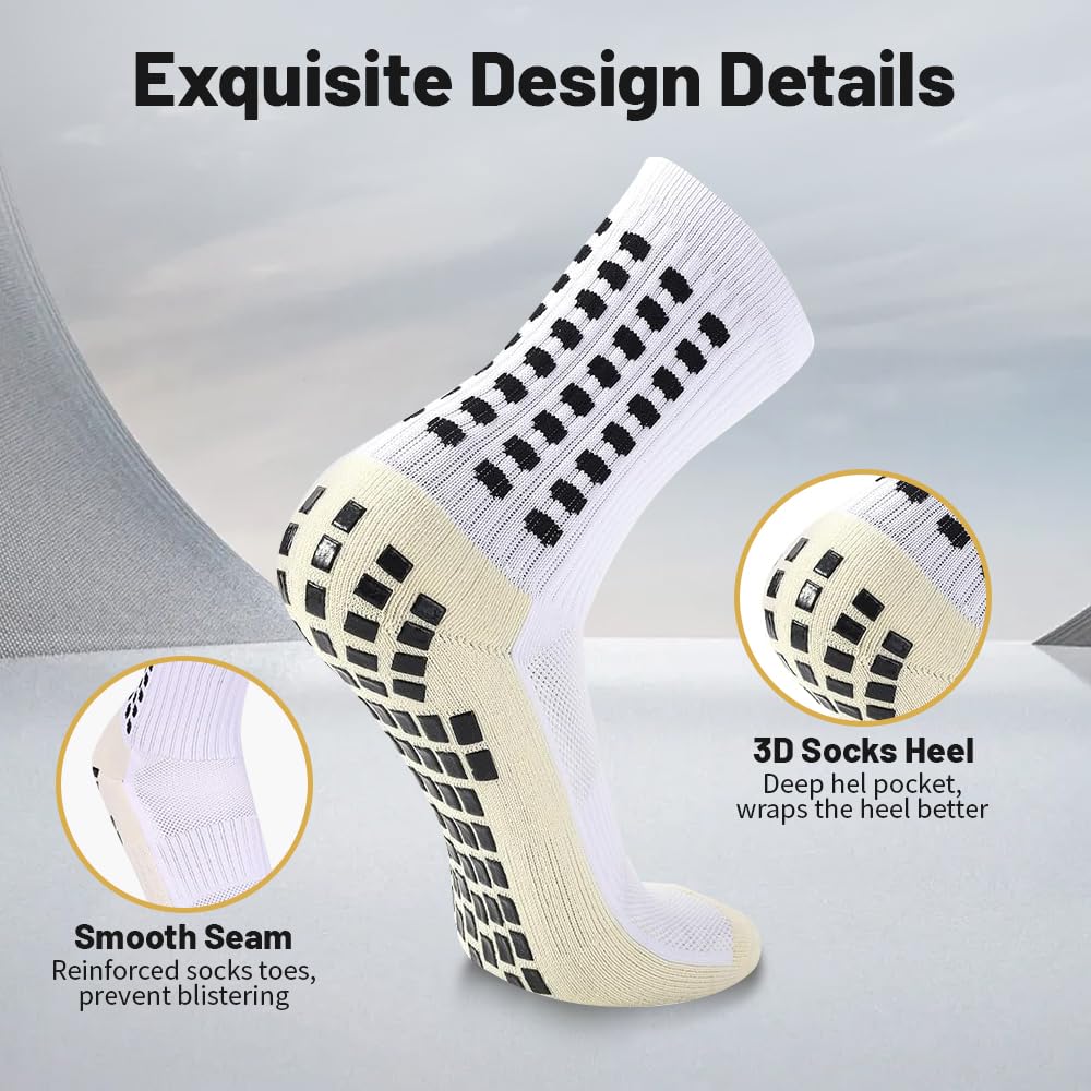 BAIBERRI 5 Pack Men's Soccer Socks Anti Slip Non-Slip Grip Pads for Football Basketball Sports Grip Soccer Socks（White）