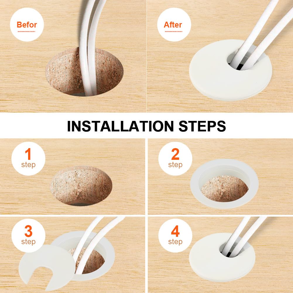 LepoHome 2 Inch White Desk Grommet - 20Pcs Plastic Desk Cord Hole Cover, 50mm Diameter Black Cable Grommets Hole Cover for Organized Wires & Cords Through Computer Table/Countertops