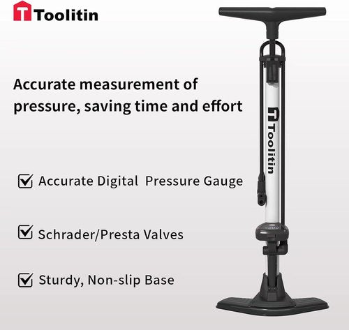 **TOOLITIN Bike Pump - Precision Digital Pressure Gauge for Presta & Schrader Valves | Versatile Air Pump for Bicycles, Balls, Scooters**