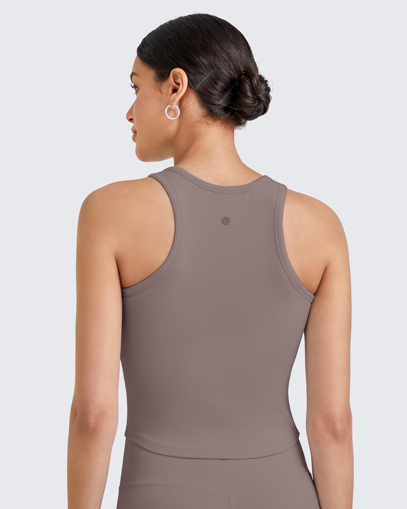 G4Free Yoga Tank Tops for Women with Built in Bras Racerback Longline Sports Bra Removable Pads Summer Clothes for Workout Running (Taupe,XL)