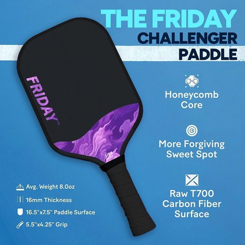 Challenger Friday Paddle, USA Pickleball Tournament Approved, T700 Carbon Fiber, Thermoformed Flat Top Design, Honeycomb Core, Tennis-Style Grip, Gritty Surface for Spin (Haze, 1)
