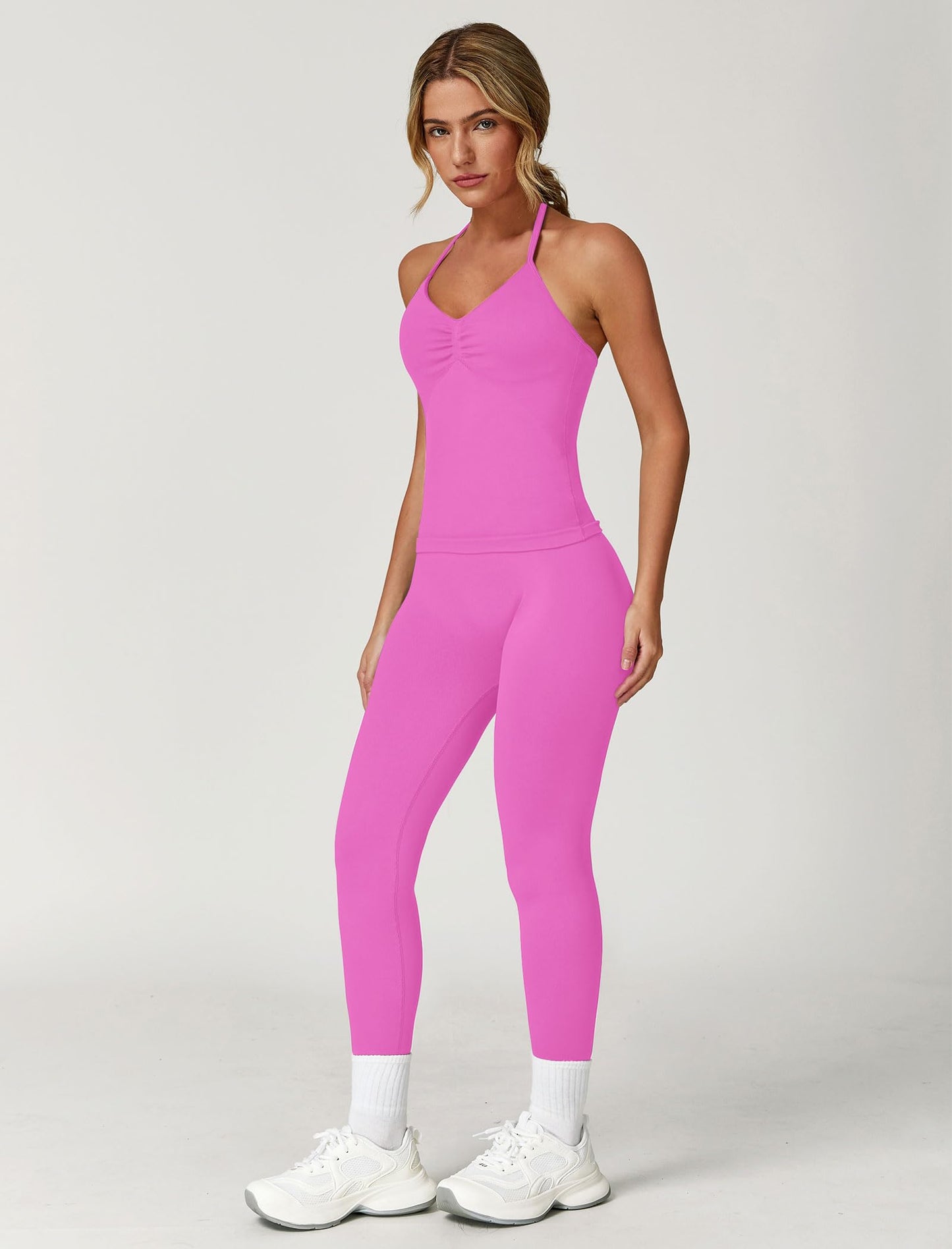 ABOCIW Two Piece Workout Sets for Women Seamless Impact Longline Strappy Top Halter Sports Bra Scrunch Butt Lifting High Waist Leggings Gym Yoga Athletic Set Hot Pink Medium
