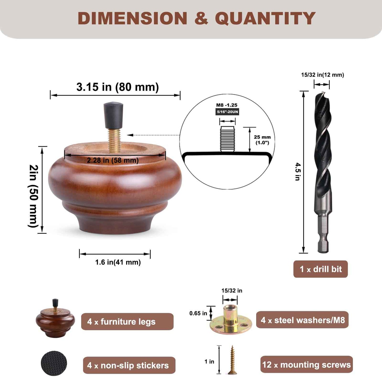 Xlroaafs 2 Inch Short Wood Legs for Furniture Set of 4,Wooden Furniture Couch & Sofa & Bench Legs Replacement Bed Support Frame Foot(Walnut Color)