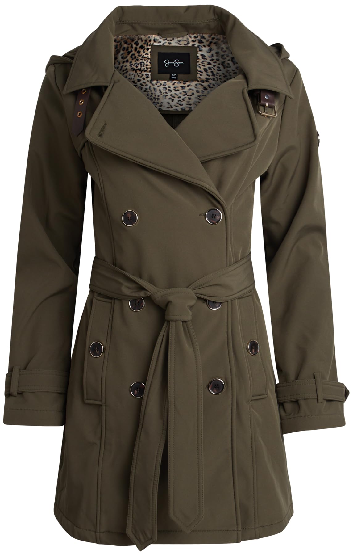 Jessica Simpson Womens Trench Coat - Lightweight Belted Softshell Jacket - Polar Fleece Lined Hooded Long Coat for Women, Size Large, Olive