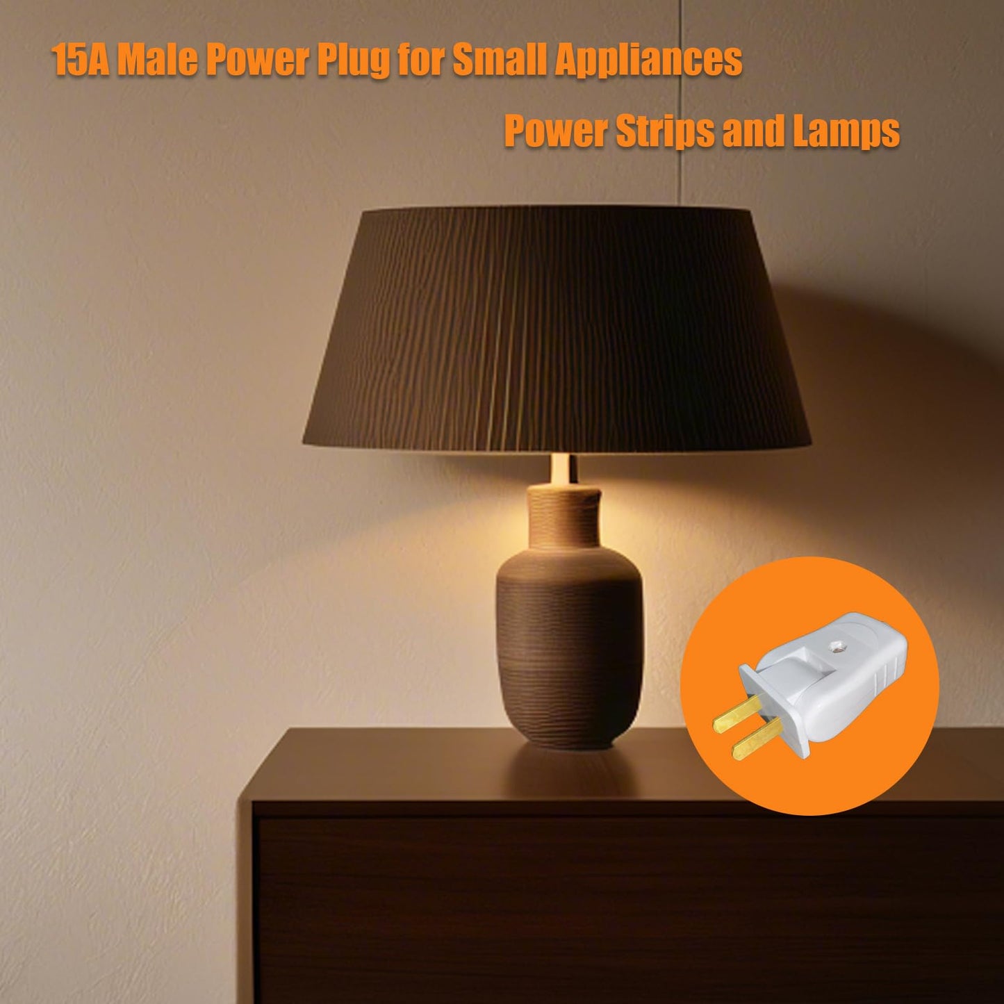 15 Amp Electrical Replacement Plug 2 Prong for Lamp, 2P 2W Straight Blade or Angle Plug, Light Duty, Non-Polarized, 125V Male Power Plug for Small Appliances, Power Strips and Lamps, 5-Pack