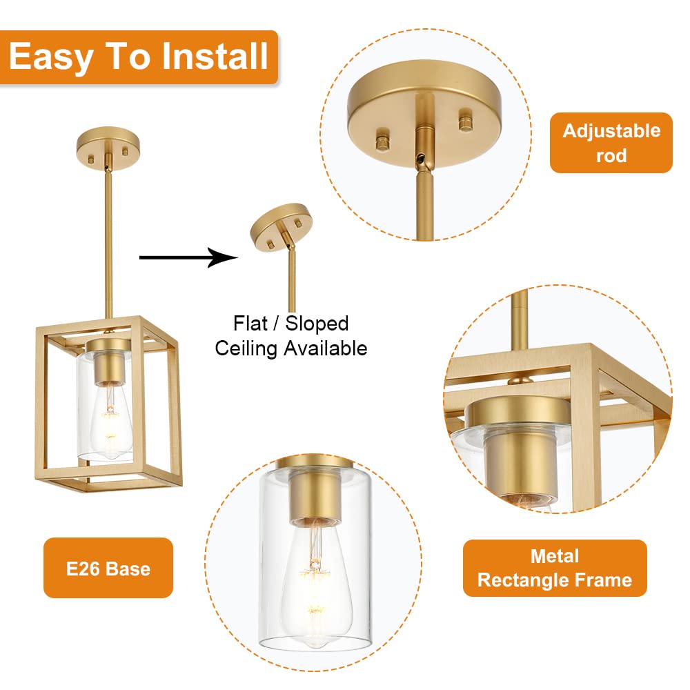 VINLUZ 1-Light Rustic Chandelier in Gold Finish Modern Industrial Pendant Lighting Fixture with Clear Glass Shade Hanging Ceiling Light for Dining Room