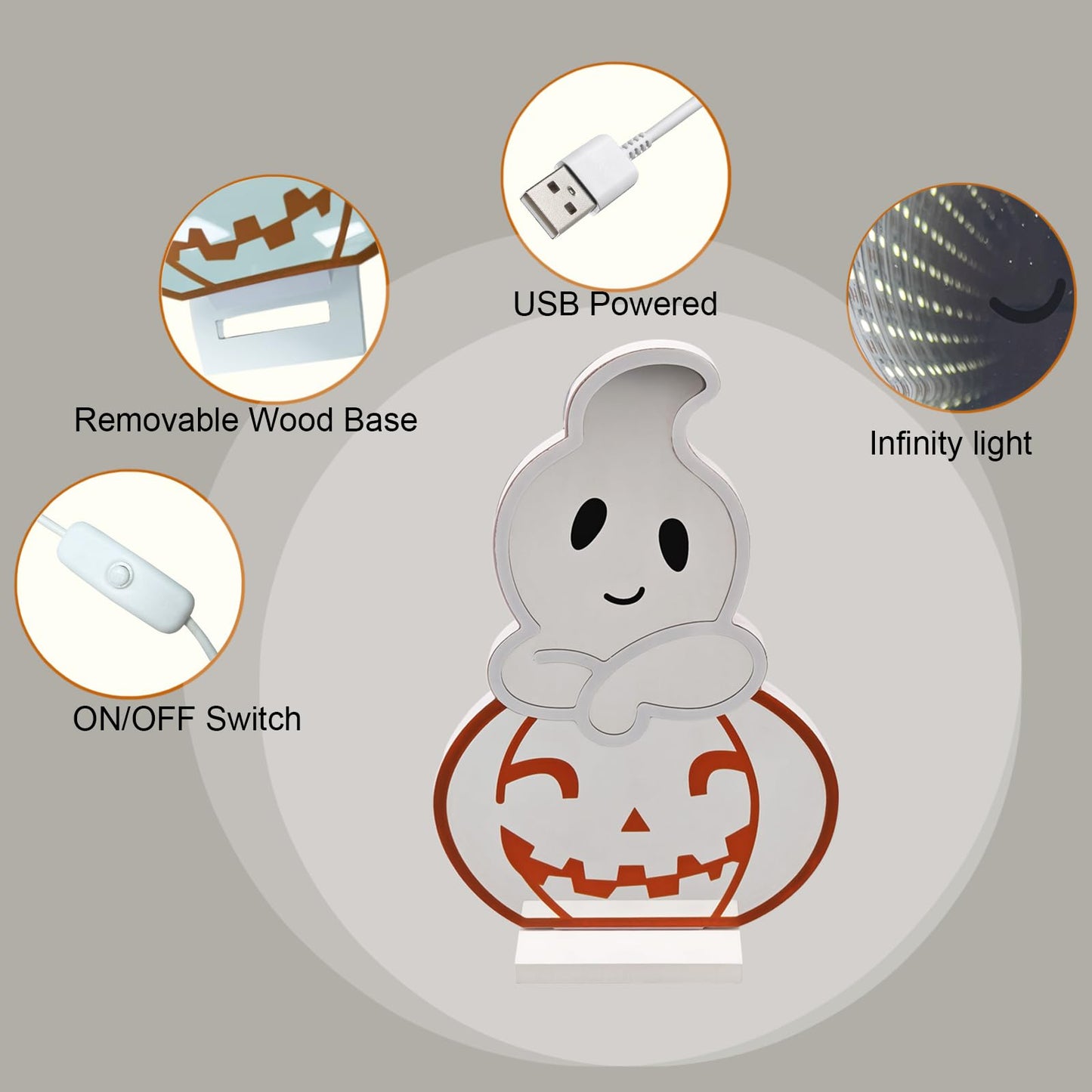 DUOMY DÉCOR LED Halloween Pumpkin Light, Cute Neon Pumpkin and Ghost Sign Decor,11.57 Inch Halloween 3D Infinity Lights with USB Powered for Table, Room, Party Decoration