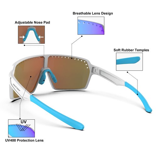 HAAYOT Polarized Cycling Glasses,Sports Sunglasses for Men Women,Baseball Running Fishing Biking Sunglasses with 3 Lenses White Azure Blue