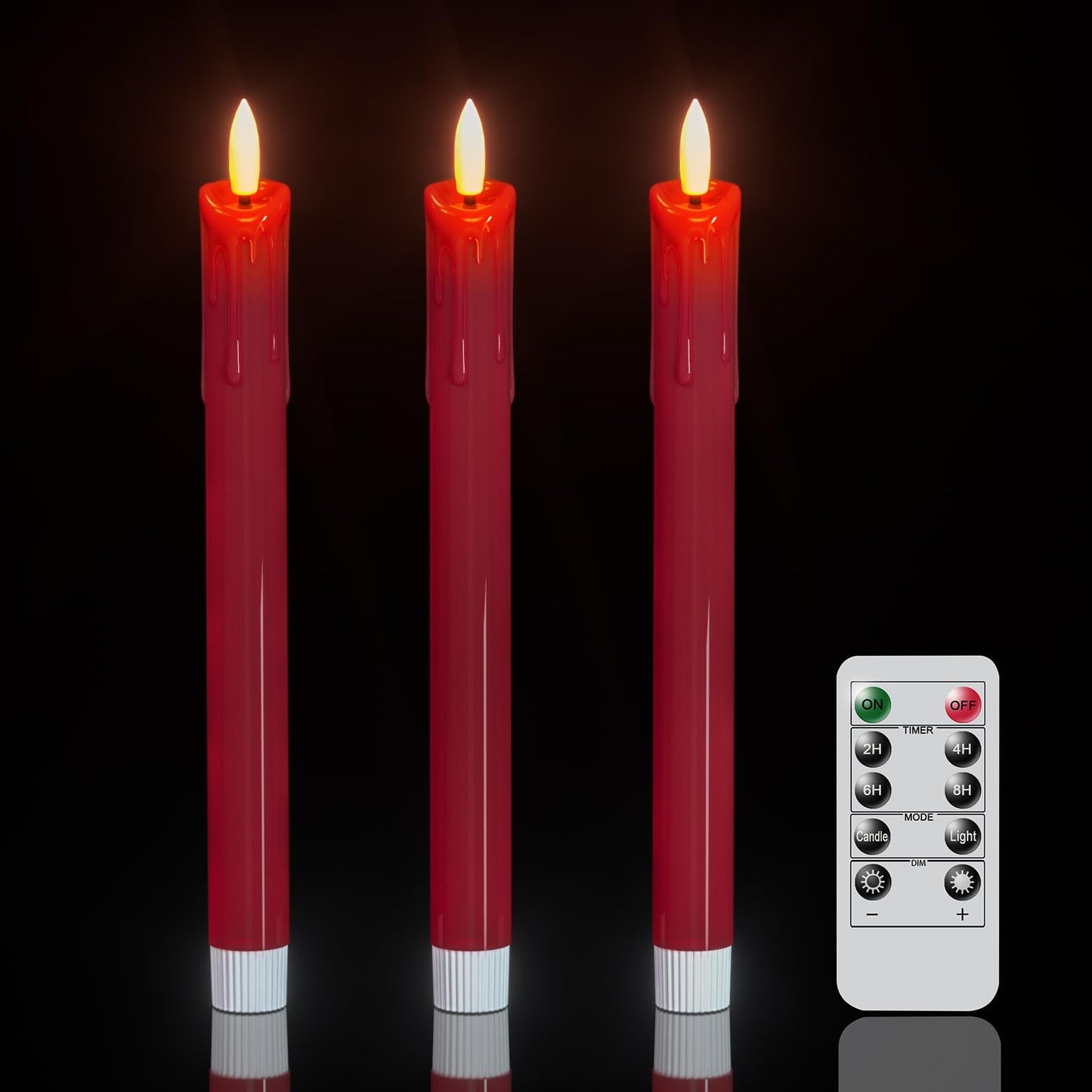 DRomance Dripping Flameless Taper Candles Flickering with Remote and Timer Battery Operated LED Taper Candle Real Wax 3D Wick Dinner Wedding Christmas Holiday Indoor Decor(3 Pack Red, 0.78" x 9.7")