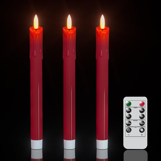 DRomance Dripping Flameless Taper Candles Flickering with Remote and Timer Battery Operated LED Taper Candle Real Wax 3D Wick Dinner Wedding Christmas Holiday Indoor Decor(3 Pack Red, 0.78" x 9.7")