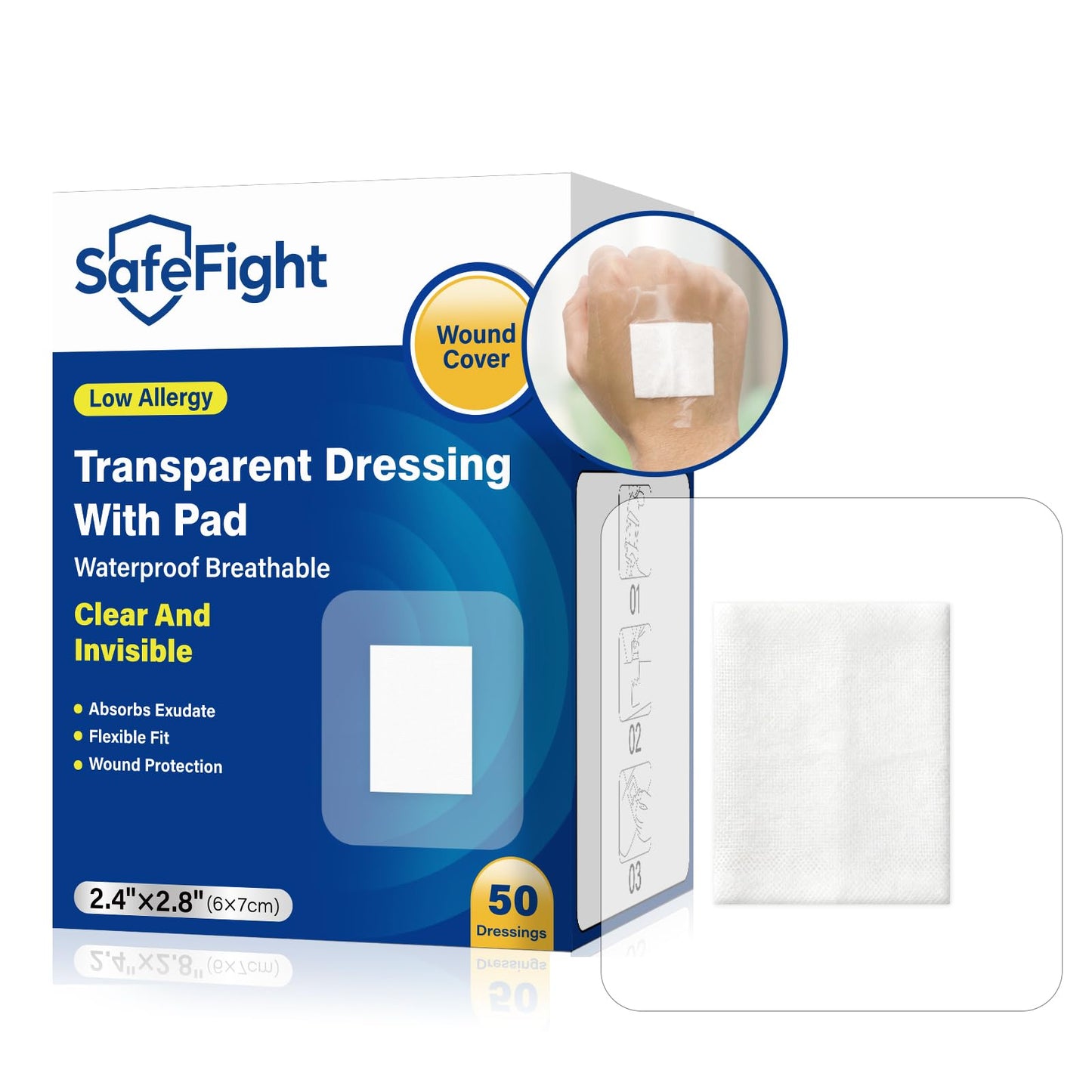 SafeFight Transparent Film Dressing with Absorbent Pad, 2.4" x 2.8", 50 Pack Sterile Transparent Film Dressing Waterproof Bandages for Wound Care, IV Protection, Tattoo Aftercare & Shower Cover