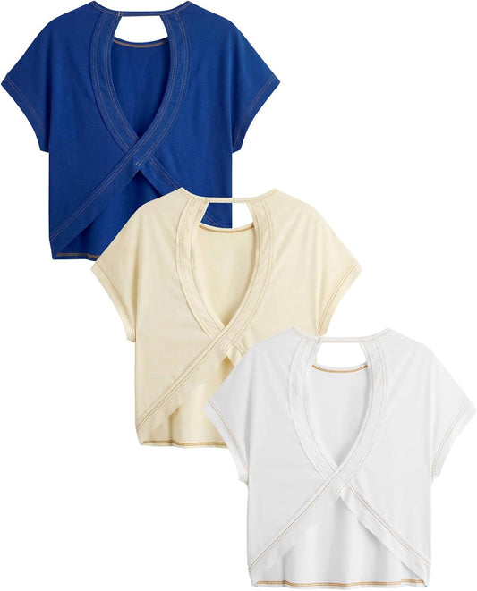 RoseSeek Women's Open Back Criss Cross Tee - Short Sleeve Summer Top | 3 Pack, Stylish & Comfortable