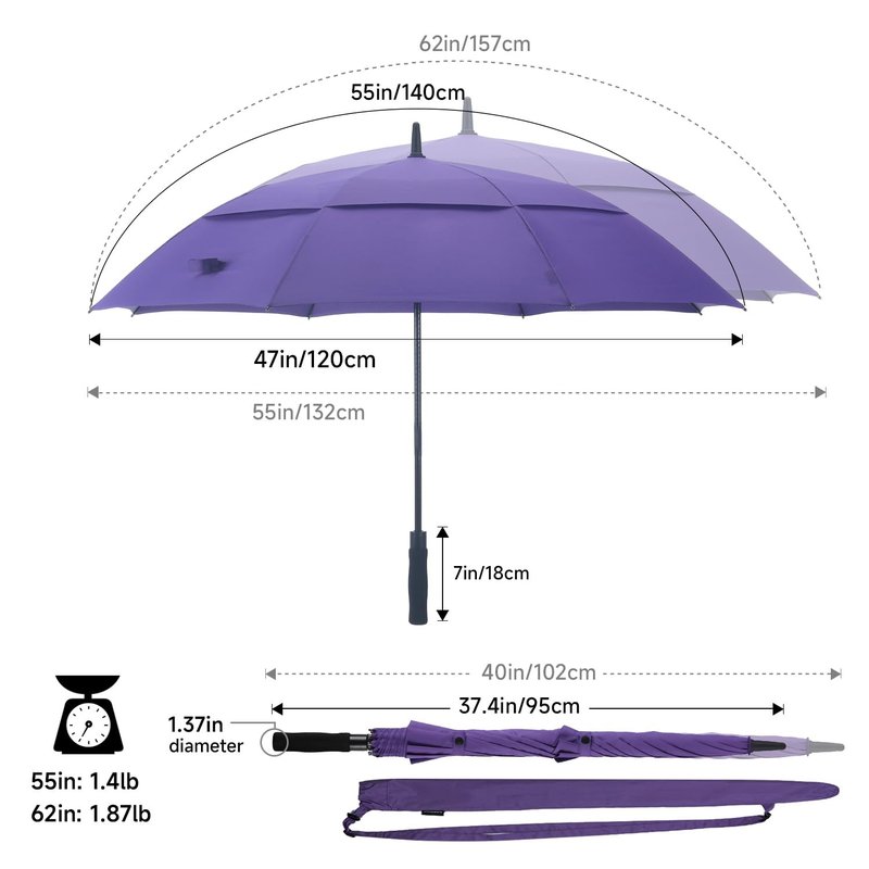 RUMBRELLA 55/62 Inch UV Golf Umbrella Large Oversize Double Canopy Vented Windproof Auto Open Stick Umbrella