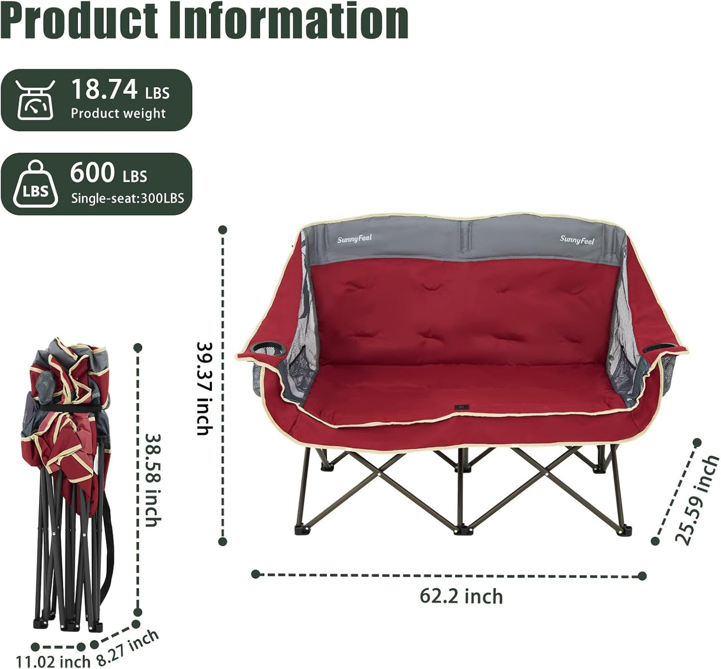 SUNNYFEEL Double Camping Chairs - Heavy Duty Padded Loveseat for 2 | Portable Oversized Couch with Cup Holder - Red