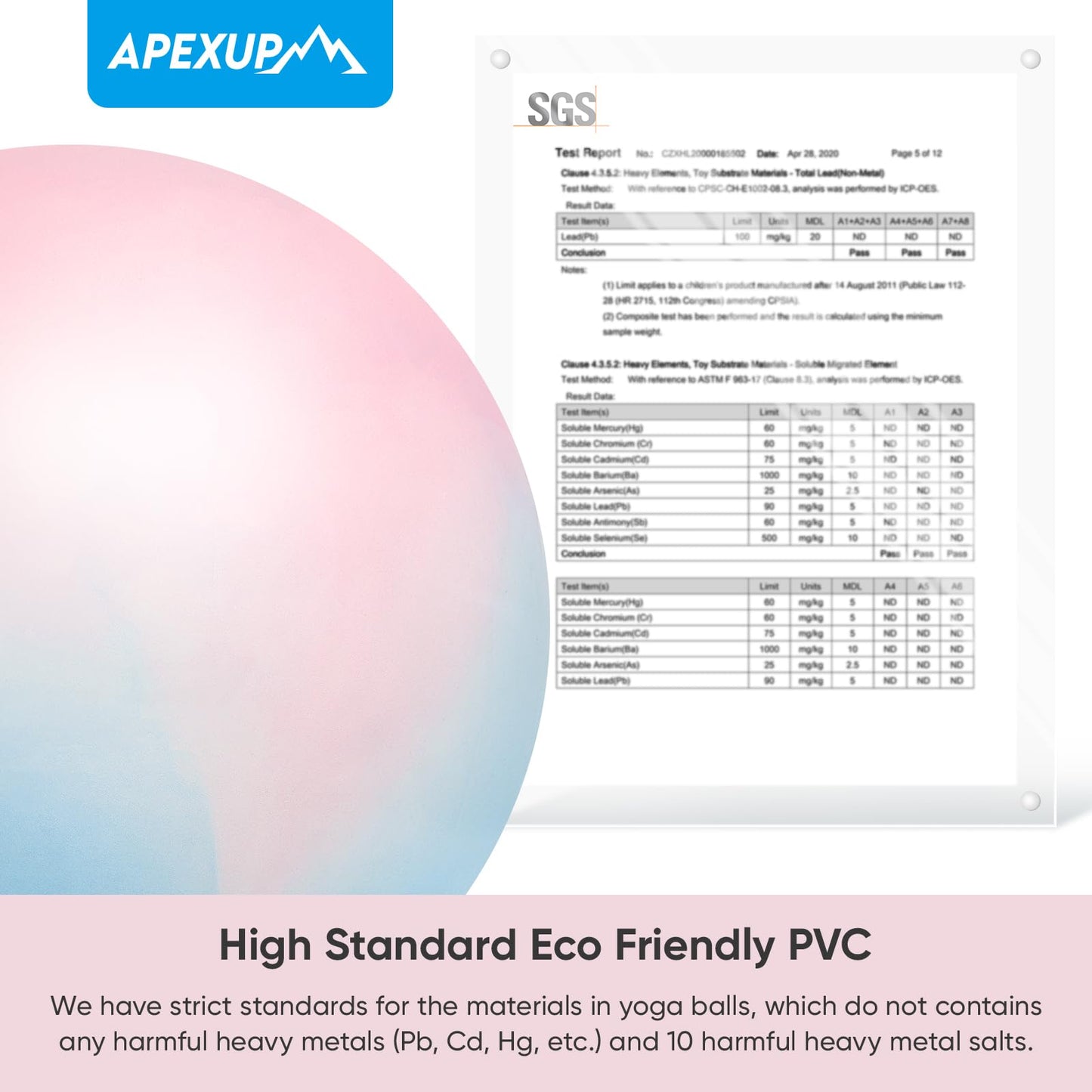 APEXUP Yoga Ball, 660 lbs Anti-Burst Exercise Ball with Pump, 5 Sizes (M (19"~22") 55cm, Blue Pink)