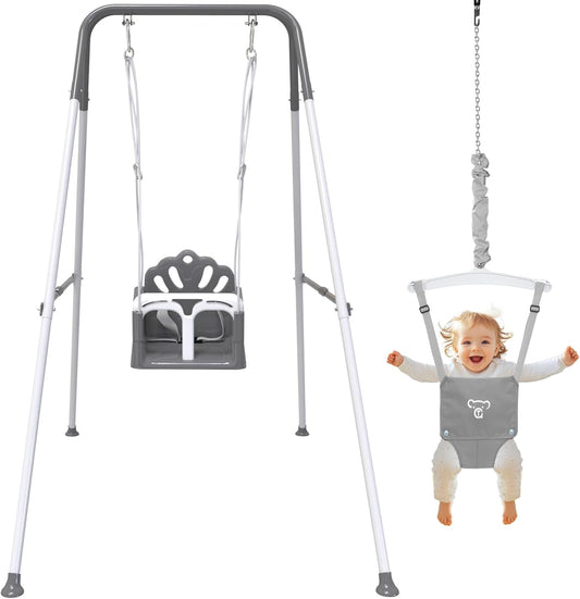 Skiennix Foldable Toddler Swing Set - Safe Indoor & Outdoor Baby Jumper | Durable Gray Design